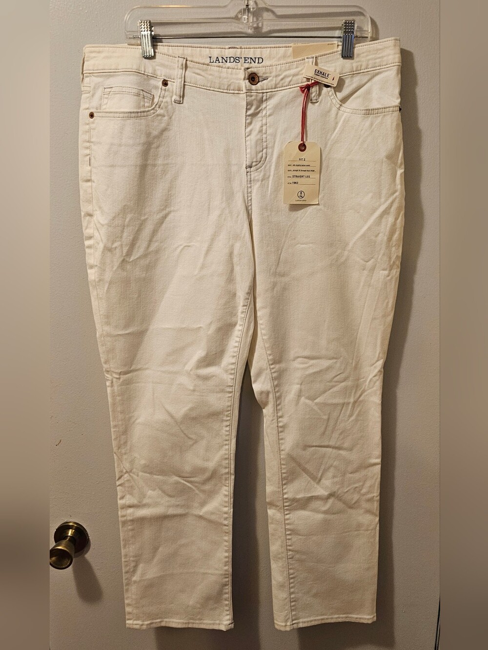 Lands End Straight Leg Fit 2 Denim Jean Exhale Tummy Control Ivory Women 14P NWT